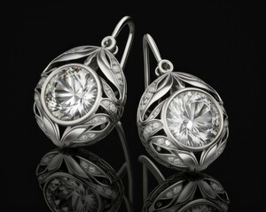 Sparkling diamond gemstones adorn these beautifully crafted platinum earrings, showcasing their exquisite attention to detail, generative ai