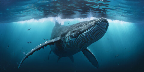 humpback whale in the blue ocean, under water world, generative ai - obrazy, fototapety, plakaty