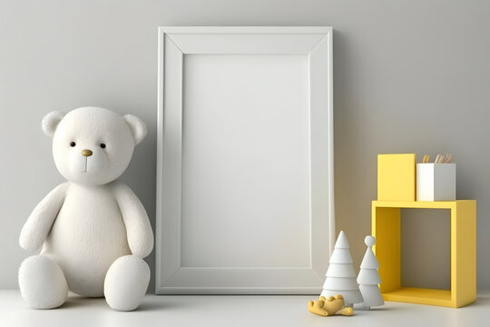 Picture frame mockup in kids room. Minimalism concept.