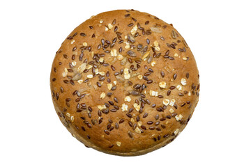 top view close-up of hamburger bun with sesame seeds, sunflower and grains, png transparent background