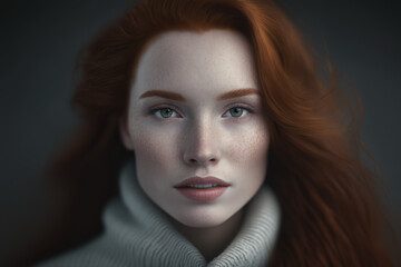 Fototapeta premium The Redhead's Charm Mesmerizing Portrait of a Redheaded Woman in a White Turtleneck, generative ai