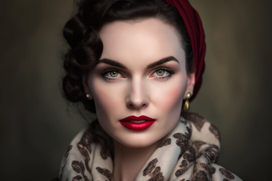 Vintage Glam Portrait of a Woman with a Red Lipstick and a Leopard Print Scarf, generative ai