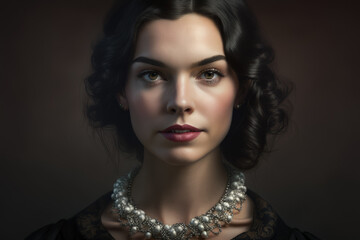 Subdued Elegance Portrait of a Brunette Woman with a Black Blouse and a Pearl Necklace, generative ai