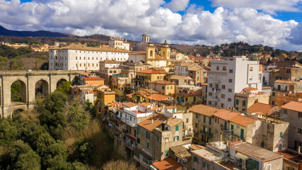 Fototapeta premium Aerial view of the historic center of Ariccia, in the Metropolitan City of Rome, Italy. The small houses of the town are built between the traditional alleys.