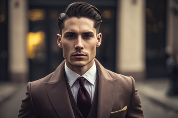 Fototapeta premium Stylish Brunette Businessman with a Designer Suit, generative ai