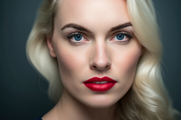 Stunning 40-year-old blonde woman with a bold red lipstick and striking blue eyes, exuding confidence against a plain studio background, generative ai