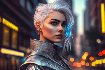 Stepping into the Future Futuristic Portrait of a Woman with Silver Hair and a Shiny Outfit Against a Neon Cityscape, generative ai