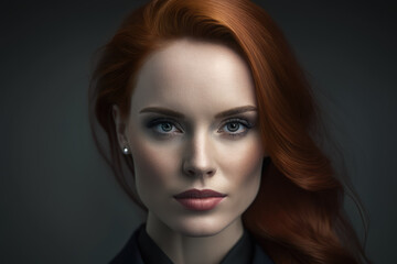 Sophisticated Redhead in a fine dark Suit looking into the camera, generative ai