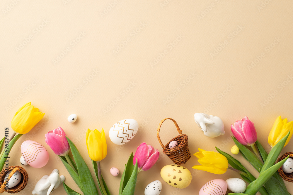 Wall mural easter celebration concept. top view photo of colorful easter eggs small baskets ceramic bunnies yel