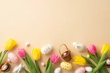 Tragetasche Easter celebration concept. Top view photo of colorful easter eggs small baskets ceramic bunnies yellow and pink tulips on isolated pastel beige background with copyspace © ActionGP