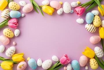 Easter concept. Top view photo of blue yellow pink easter eggs spring flowers yellow and pink tulips on isolated lilac background with blank space in the middle