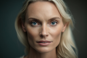 Fototapeta premium Serene 40-year-old blonde woman with piercing blue eyes and subtle makeup, gazing confidently into the camera against a plain studio background, generative ai
