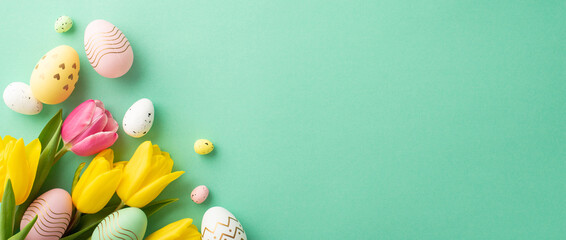 Fototapeta na wymiar Easter decor concept. Top view photo of bouquet of yellow and pink tulips and colorful easter eggs on isolated turquoise background with blank space
