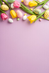 Easter concept. Top view vertical photo of spring flowers tulips and colorful easter eggs on isolated pastel violet background with copyspace