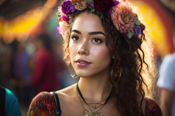 Radiant woman at a music festival wearing a flower crown and a colorful boho outfit, generative ai