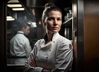 Portrait of serious young female chef standing with arms crossed at her restaurant kitchen. Generative AI.
