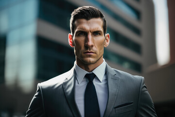 Fototapeta premium Professional businessman in a white shirt and black tie standing in front of a skyscraper building, generative ai