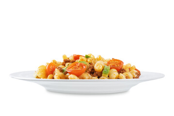 Minced beef zucchini tomatoes pasta in a plate on a white isolated background