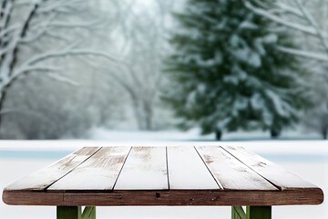 Empty Wooden Table in White Snow Winter Mockup for Advertising Display. Generative AI