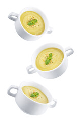 Zucchini soup in a bowl on a white isolated background