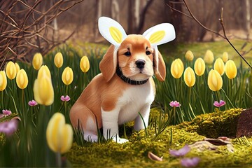 Generative Easter Magic: Adorable Puppy in False Bunny Ears Wanders Through Flower-Filled Forest: Generative AI