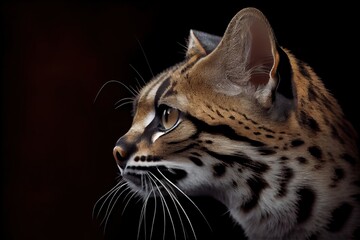 Endangered Big Cat: Closeup Profile Portrait of a Margay on Black Background: Generative AI