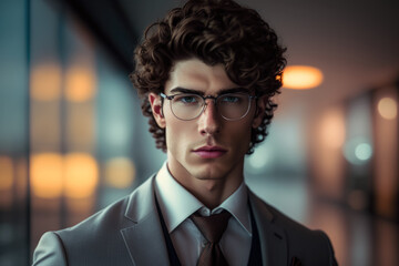 Portrait of a young businessman with curly brown hair, wearing glasses and a grey suit, standing in front of a glass skyscraper, generative ai