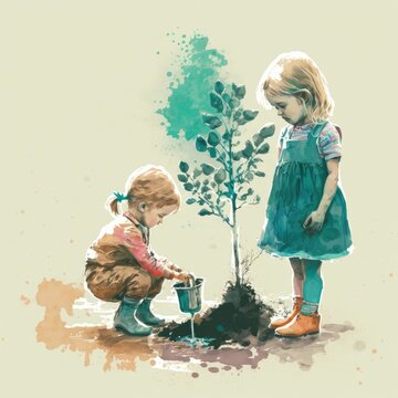 illustration, two child plant a tree, water paint style, watercolor, generative AI