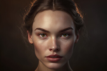 Fototapeta premium Portrait of a woman with striking and unique features, her high cheekbones and full lips accentuated by the soft light in the studio, generative ai