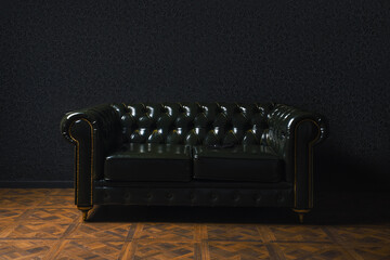 Glossy leather couch next to black wall