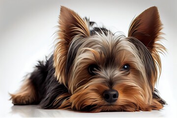 Adorable Little Yorkshire Terrier Puppy Lying Down - A Cute and Fur-tastic Isolated Purebred Dog. Generative AI