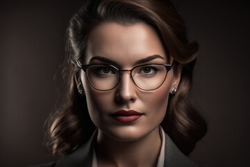 Portrait of a refined and intellectual woman with glasses and a classic blazer, generative ai