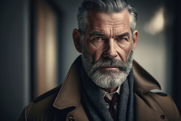 Portrait of a middle-aged businessman with greying hair and a distinguished salt-and-pepper beard, wearing a beige trench coat, generative ai
