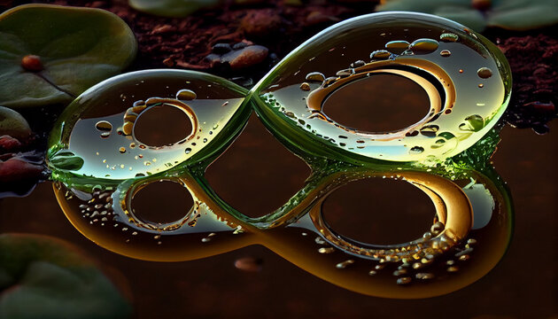 3d illustration, mathematical, physical, metaphysical, lemniscate, dew, liquid, water, flow, fractal, light, glass, yellow, metal, background, banner, concept, sustainable, water, doubt, graphic, help