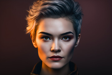 Portrait of a fierce and empowered woman with short hair, bold makeup, and a confident and direct gaze, generative ai