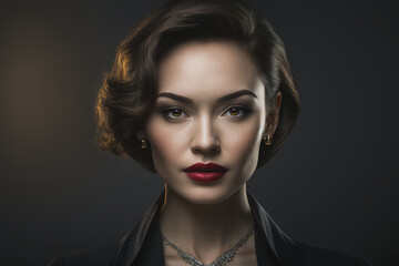 Portrait of a fierce and confident businesswoman with short brown hair and brown eyes, wearing a black blazer and a statement necklace, generative ai