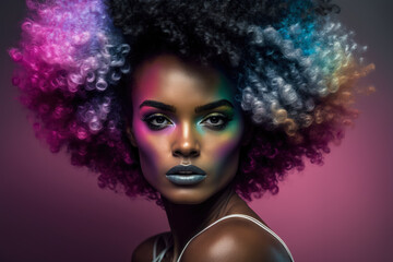 Portrait of a confident and radiant woman with curly hair styled in a voluminous afro, bold and colorful makeup, and a proud and determined expression, generative ai