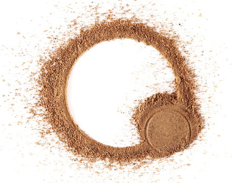 Tikka masala spice powder mix, coriander, cumin, garlic, red pepper chili, mint, black pepper and ginger isolated on white, top view