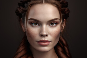Fototapeta na wymiar Portrait of a beautiful woman with long straight hair and an intricate braid, wearing a natural makeup look, generative ai