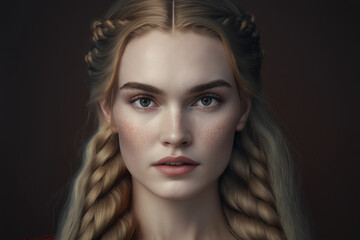 Portrait of a beautiful woman with long straight hair and an intricate braid, wearing a natural makeup look, generative ai