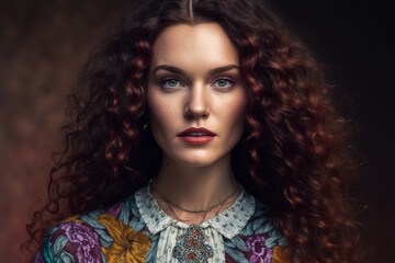 Fototapeta premium Portrait of a beautiful and creative businesswoman with long curly hair and blue eyes, wearing a colorful patterned blouse and a bohemian necklace, generative ai