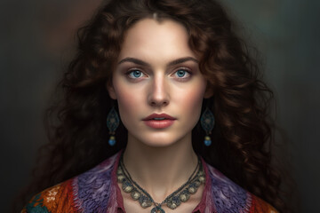Portrait of a beautiful and creative businesswoman with long curly hair and blue eyes, wearing a colorful patterned blouse and a bohemian necklace, generative ai