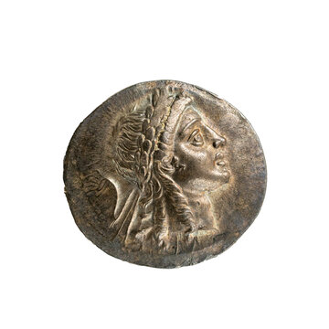 antike griechische Münze: Kopf des Apollo mit Lorbeerkranz