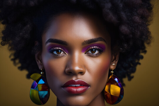 Portrait Of A Beautiful Woman With Curly Hair And A Dark Complexion, Wearing A Bold Lip Color And Colorful Statement Earrings, Generative Ai