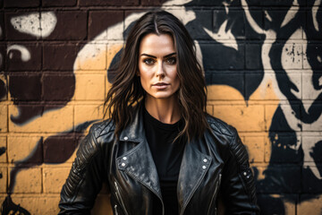 Obraz na płótnie Canvas Mysterious woman with dark hair and a black leather jacket standing in front of a graffiti-covered brick wall, generative ai