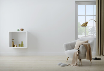 Interior of armchair with white wall and window.3d rendering
