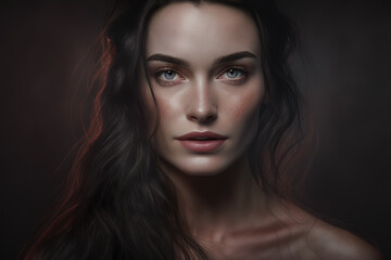 Fototapeta premium Mysterious and Alluring Woman with Dark Hair and Enigmatic Smile, generative ai