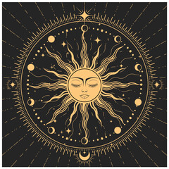 Sleeping sun with closed eyes, astrology symbol, sun with face in ornate frame , tarot magic, vector