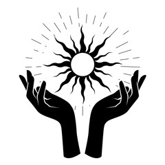 Woman hands hold black sun, occultism and mysticism, spells and witchcraft, star, vector