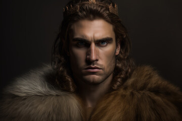 Majestic portrait of a man with long brown hair, wearing a gold crown and a fur cape, standing in front of a dark background with an intense expression, generative ai